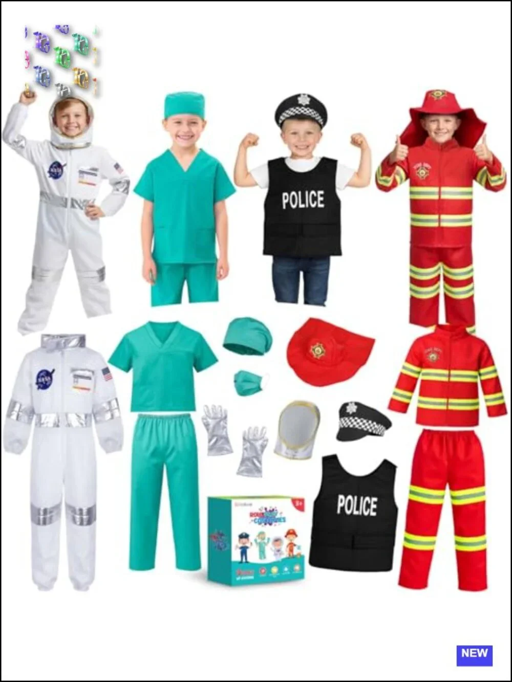 4-in-1 Toddler Career Costume Set for Kids 3-8 Fireman Astronaut Police Doctor